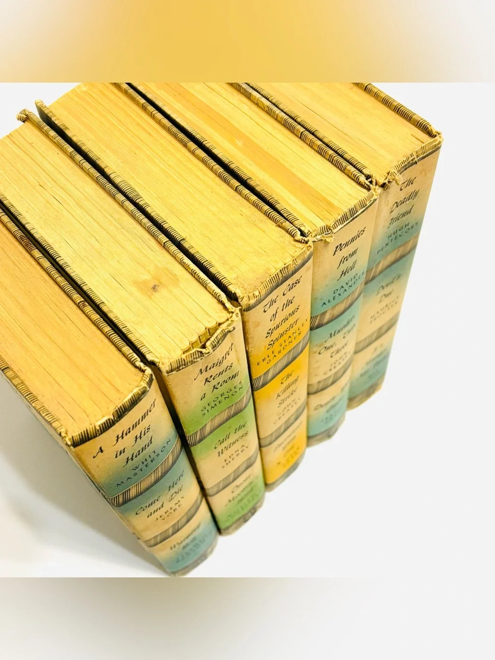 Lot 5 Vintage Yellow Green Decorative Book Stack Mid Century Shelf Decor
